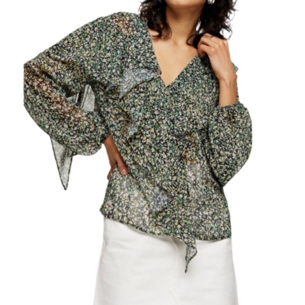TOPSHOP Grunge Ruffle Long Sleeve Blouse In Multi Green Floral